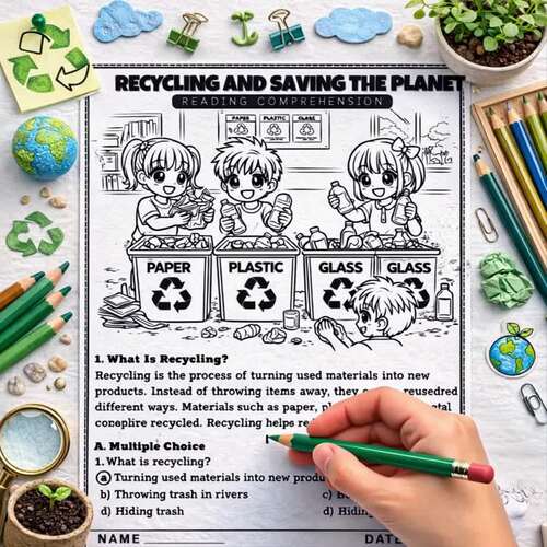 Recycling and Saving the Planet Reading Comprehension Worksheets, Earth ...