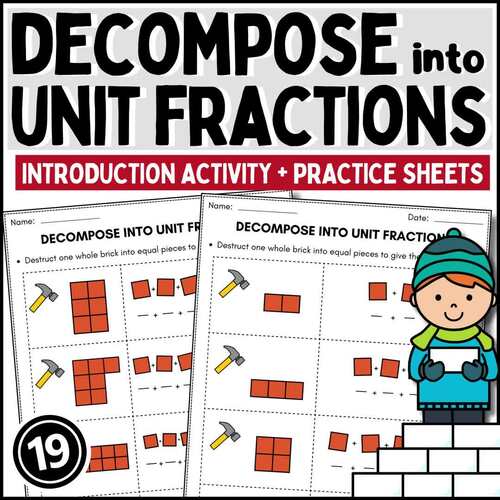 ️ Decompose fractions into unit fractions worksheet with models 3rd