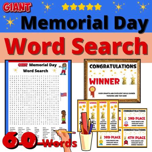 Giant Memorial Day Word Search Worksheet Puzzle Game Activity Resource