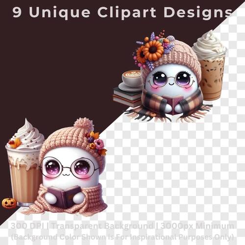 Fall Ghost Clipart Pack, Cute Halloween Ghosts, Cozy Fall Coffee & Book ...