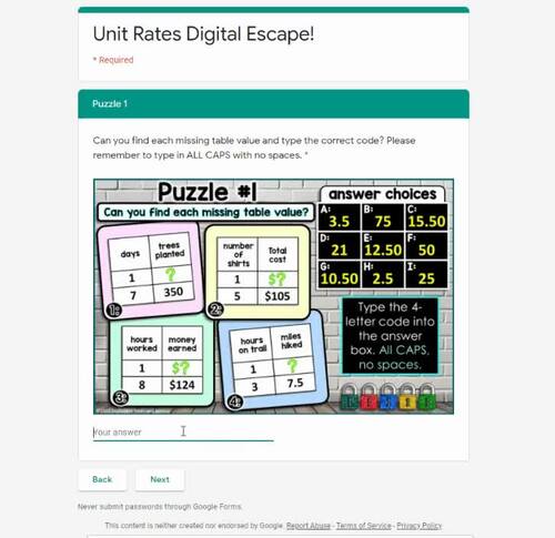 Unit Rates Digital Math Escape Room Activity