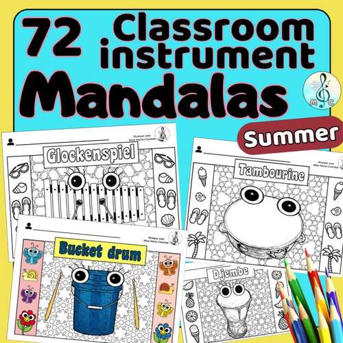 Music classroom instrument MANDALA coloring sheets: Summer, beach, vacation