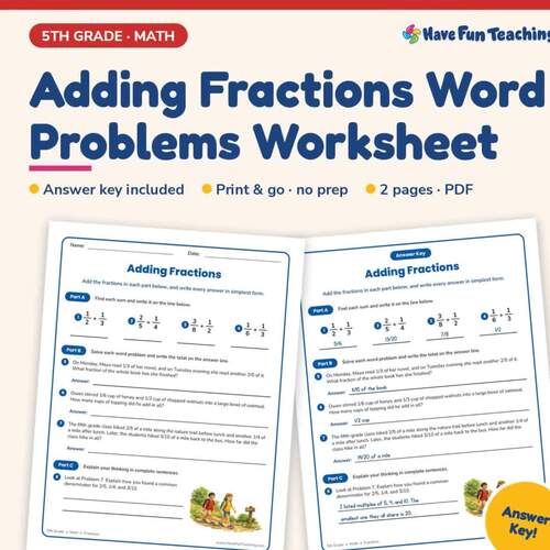 Adding Fractions Word Problems Worksheet | 5th Grade Basic Operations ...