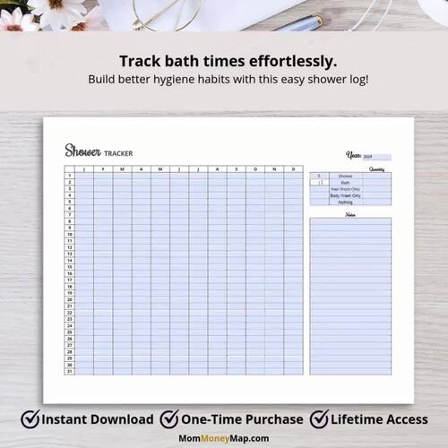 Shower Tracker Printable PDF by Mom Money Map | TPT