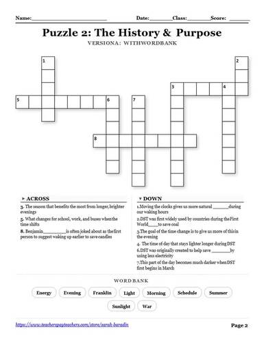 Daylight Saving Time Activities Crossword Puzzle With Word Banks