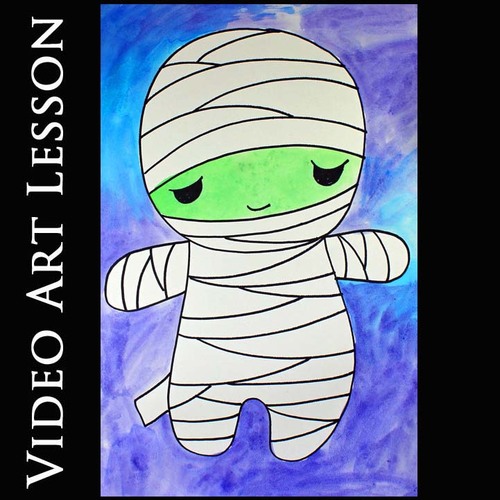 Preview of CUTE MUMMY Halloween Art Project | Directed Drawing & Watercolor Painting Lesson