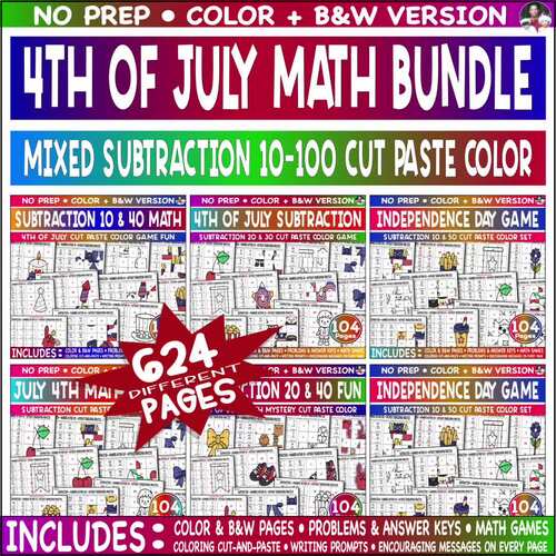 4th of July Mixed Subtraction 10-100 Math Mystery Picture Cut Paste ...
