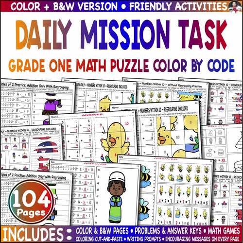 Daily Mission Grade One Math Mystery Picture Cut & Paste Color by Code Puzzle.