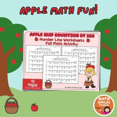 Apple Skip Counting by 10s | Number Line Worksheets | Fall Math Activity