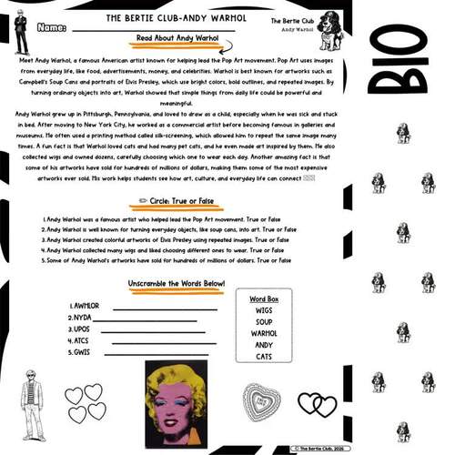 Andy Warhol Bertie Filler Art Pack | No Prep Print & Go Sub Plan Activities