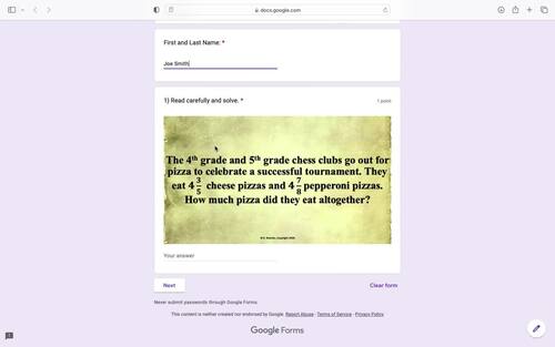 Adding & Subtracting Mixed Numbers Word Problem Google Forms (Self-Grading)