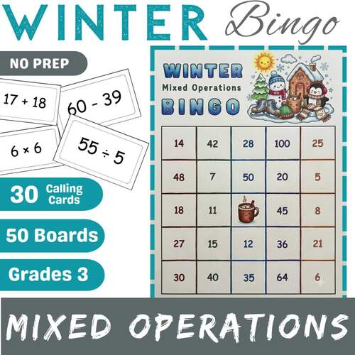 Winter Math Bingo Game : 3rd Grade Mixed Operations | No Prep Math Center
