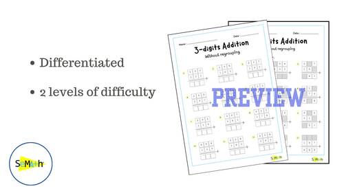 3 digit Addition WITH and WITHOUT REGROUPING DIFFERENTIATED Worksheet ...
