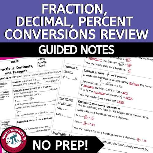 Fraction, Decimal, Percent Conversions AVID Style Guided Notes with Key