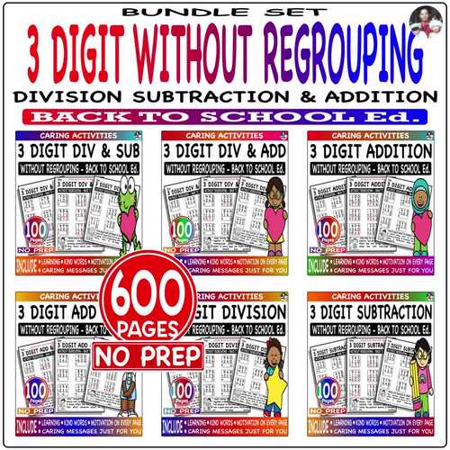 3 digit Division, Subtraction & Addition without regrouping Bundle ...