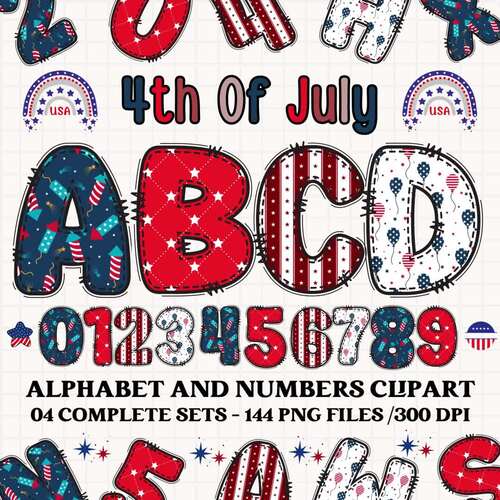 4th of July PNG Alphabet clipart, doodle letters for classroom crafts