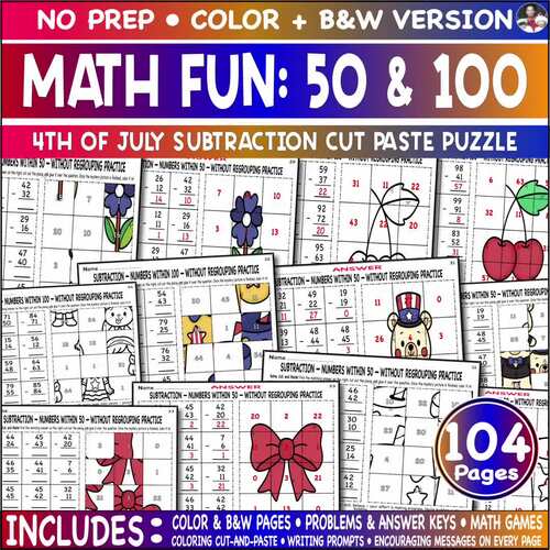 Cut and Paste Color Game Puzzle Prep 4th of July Subtraction 50 & 100 ...