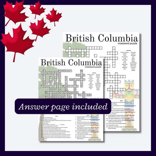 British Columbia crossword for spelling research activity or parties