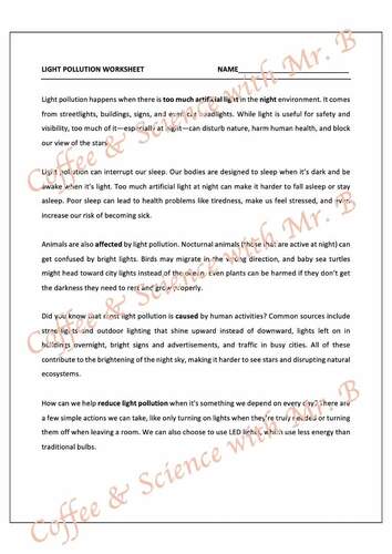 Light Pollution Reading Passage with Comprehension Questions & Answer Key