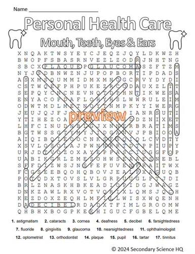 Hygiene: Mouth, Teeth, Eyes & Ear Vocabulary Wordsearch Puzzle | Early ...