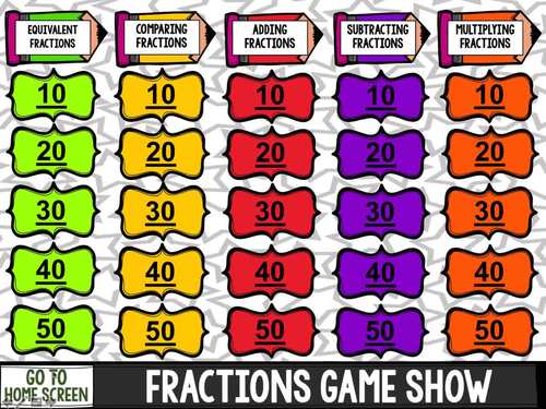 4Th Grade Fractions Jeopardy Game Show {4.Nf.1, 4.Nf.2, 4.Nf.3, 4.Nf.4}