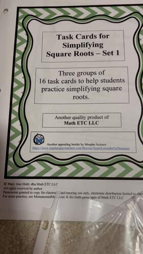 Flash Cards for Simplifying Square Roots - Set 1