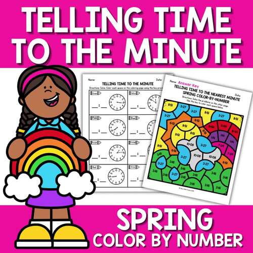 Spring Time to the Minute Color by Code | 3rd Grade Math Worksheet Activity Fun