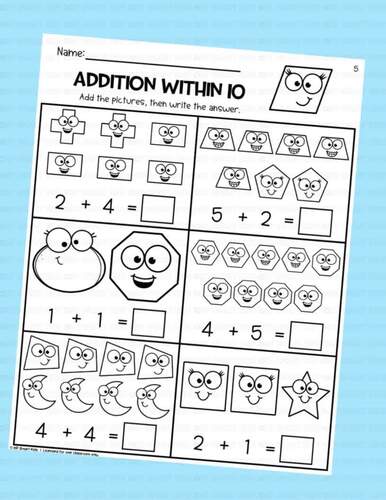 Kindergarten Picture Addition Within 10 2D Shapes Math Worksheets and ...
