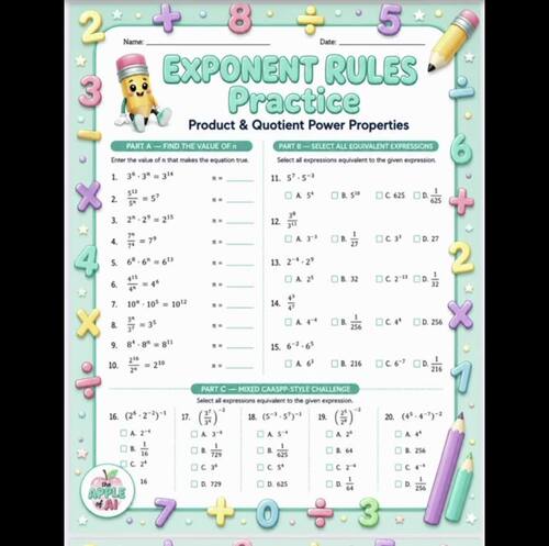 Exponent Rules Practice Worksheet | Product & Quotient Powers | 8th ...