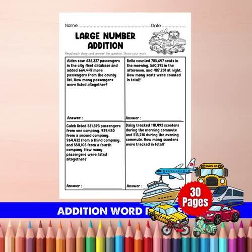 Grade 5 Large Number Addition Word Problems | Transportation Math ...