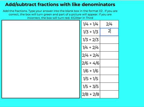 Adding & Subtracting Fractions with Like Denominators Pixel Art Math