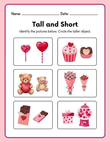 Tall vs Short Sizes Comparison worksheets l Valentine's day Theme