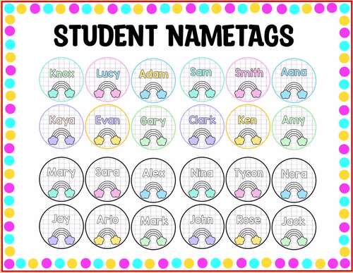 Rainbow Student Name Labels, Pastel Grid Name Posters, Kindergarten Tags