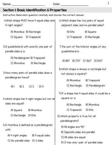 Classifying Quadrilaterals 5.G.B.3 5.G.B.4 | 200 Multiple Choice Test Prep