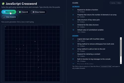 JavaScript Game Development | Grades 7-12 | Crossword Puzzle Group Project