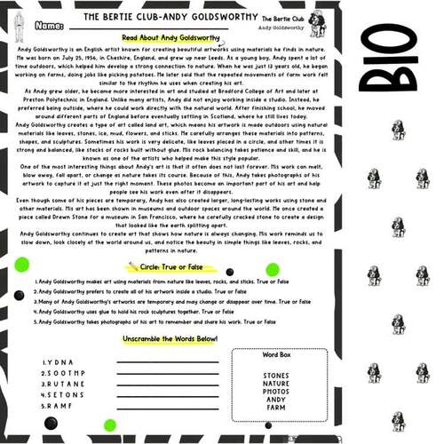Andy Goldsworthy Bertie Filler Art Pack | Earth Day No Prep Print & Go ...
