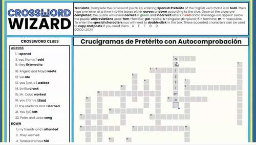Spanish Preterit Regular Self checking Crossword Puzzles TPT