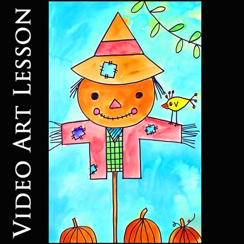 Preview of SCARECROW Video Art Lesson | EASY FALL Drawing & Watercolor Painting Project