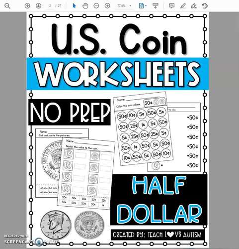U.S. Coin Half Dollar Worksheets by Teach Love Autism | TpT