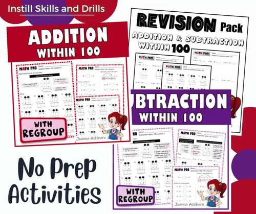 Add and Subtract 2 Digit with Regrouping Guided Practice Worksheets BUNDLE