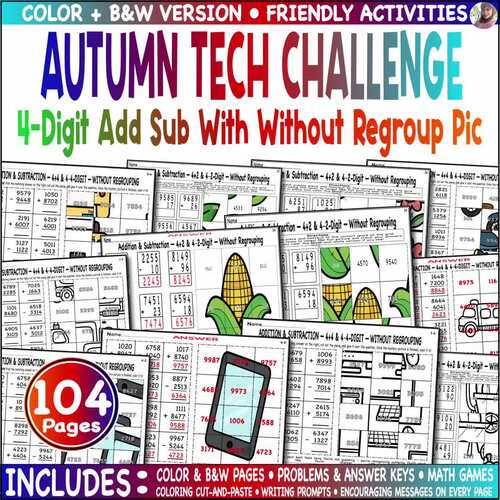 Color Mystery Picture Vehicles Tech 4-Digit Add Sub Fall With Without Regroup