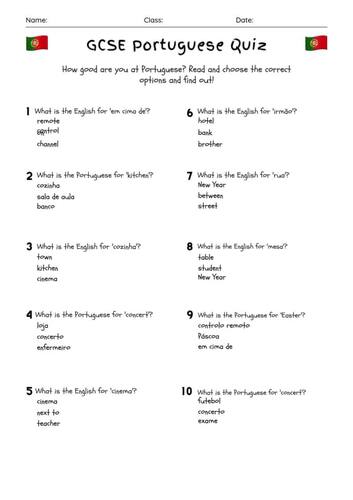 20 GCSE Foundation Level Portuguese Multiple Choice Quiz Worksheets PDF