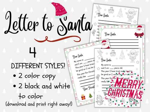 Kids Letter to Santa Bundle | Printable Kids Christmas Letter Coloring Page