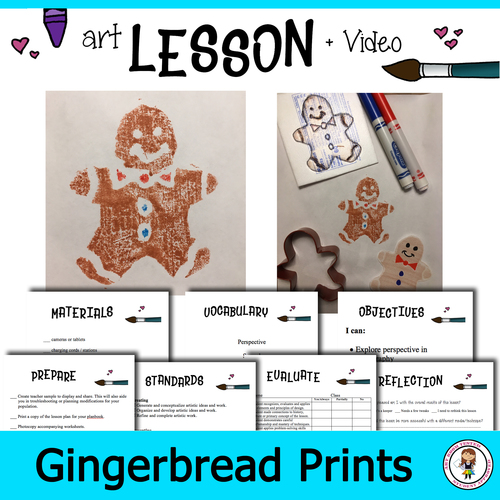 Preview of Art Lesson Plan with Video. Gingerbread Printmaking for Elementary Art.