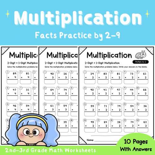 2-Digit by 1-Digit Multiplication Worksheets | Facts Practice by 2–9