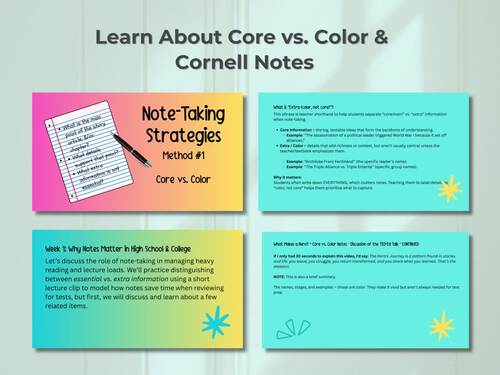 Editable Note-Taking Lesson with Cornell Notes & Core vs. Color Strategies
