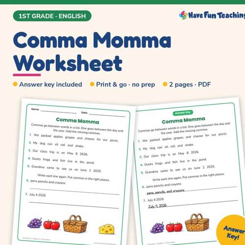 Comma Momma Worksheet | 1st Grade Punctuation Practice with Answer Key