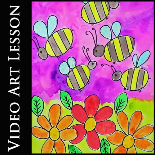 Preview of  SPRING GARDEN BEES Art Lesson | MOTHER'S DAY Drawing & Painting Project