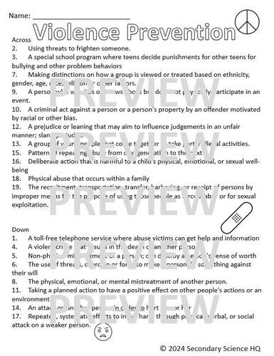 Violence Prevention Vocabulary Crossword Puzzle Word Search Health