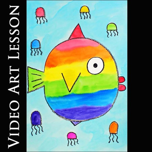 Preview of RAINBOW FISH Activity | EASY Summer Drawing & Painting Art Lesson Craft Project